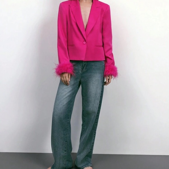 Jackets & Blazers - Vibrant Pink Blazer with Feather Cuffs